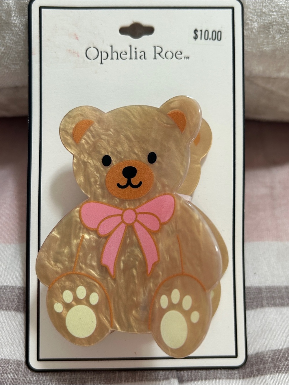 Ophelia Roe Beige Teddy Bear Hair Clip with Pink Bow